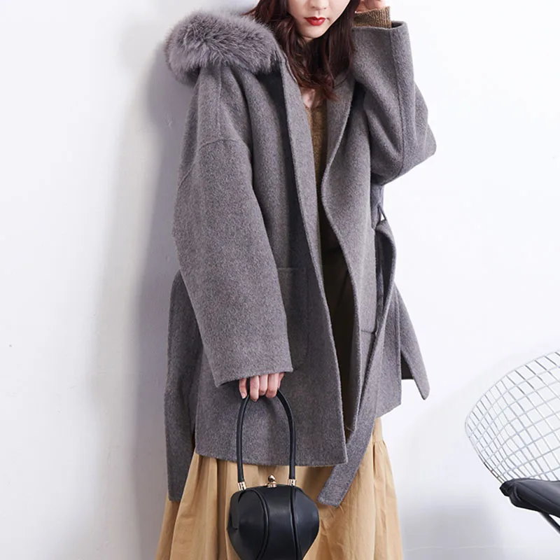 Woman Gray Coat With Real Fox Fur Hooded Trim Loose Warm Wool Blended Plus Size Coats Ladies Belt Jacket Oversize Outwear Female