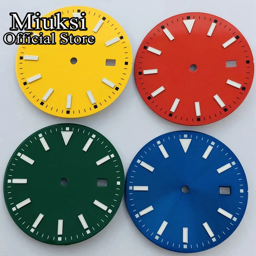 Miuksi 33.5mm black blue green red yellow watch dial luminous dial fit NH35 movement