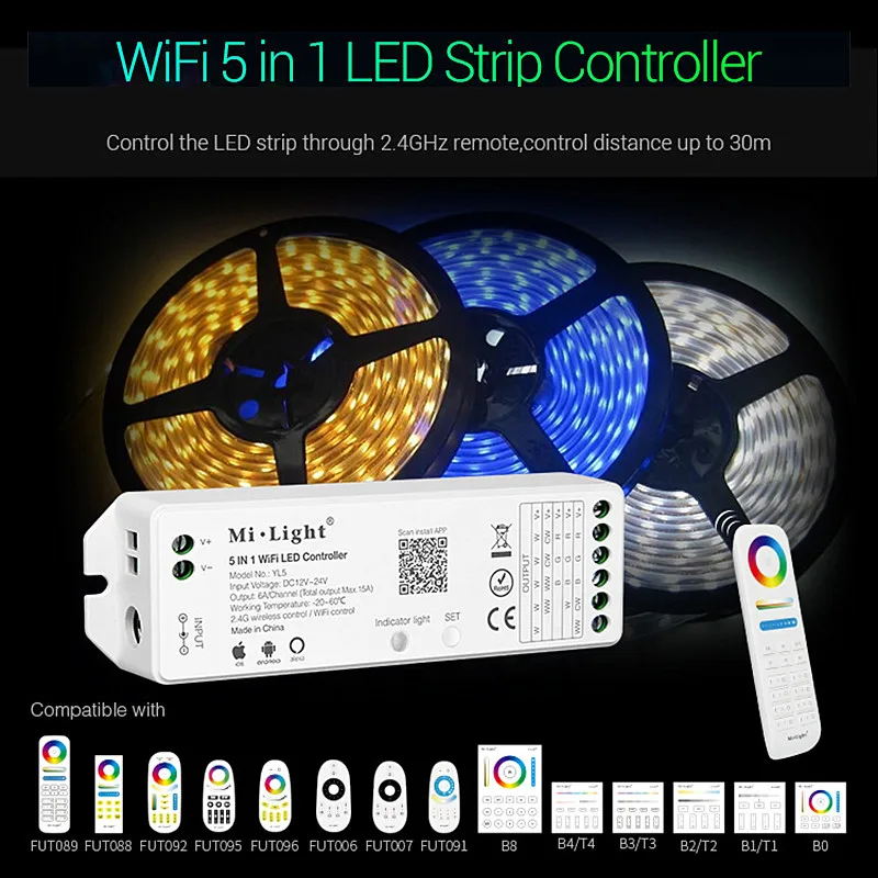 

Milight WL5 5 IN 1 LED WIFI Controller MiBoxer Alexa Voice phone App Remote For RGB RGBW RGB+CCT Single Color LED Strip