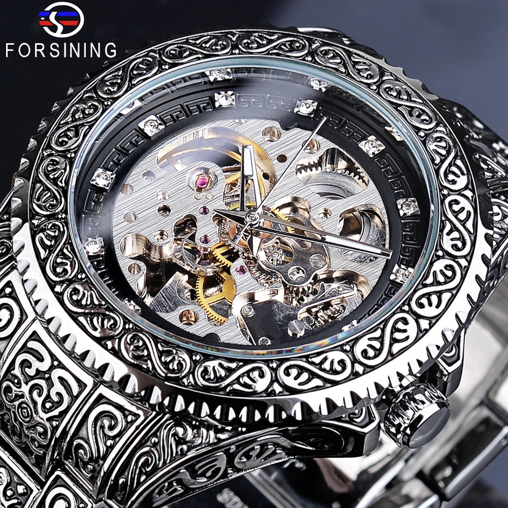 Forsining Skeleton Automatic Mechanical Watch Luxury Outdoor Wristwatch Fashion Mens Watches With Stainless Steel Retro Clock