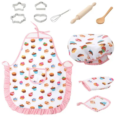 Kids Cooking And Baking Set - 11Pcs Kitchen Costume Role Play Kits Apron Hat Funny Toy For Children cooking apron