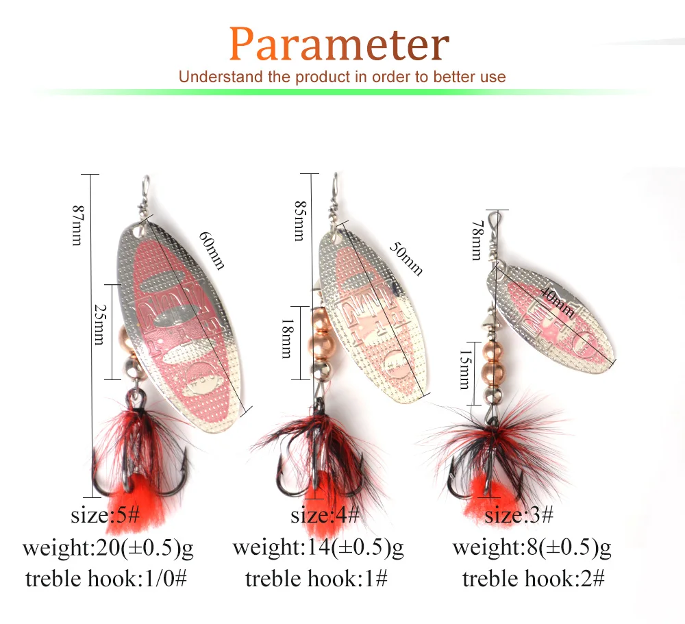 FTK 1 Stück Spinnerbait 8g/14g/20g Metall-Angelköder Harter Köder Löffelköder mit Feder-Dreifachhaken Karpfen- und Hechtangelzubehör – Detail 3