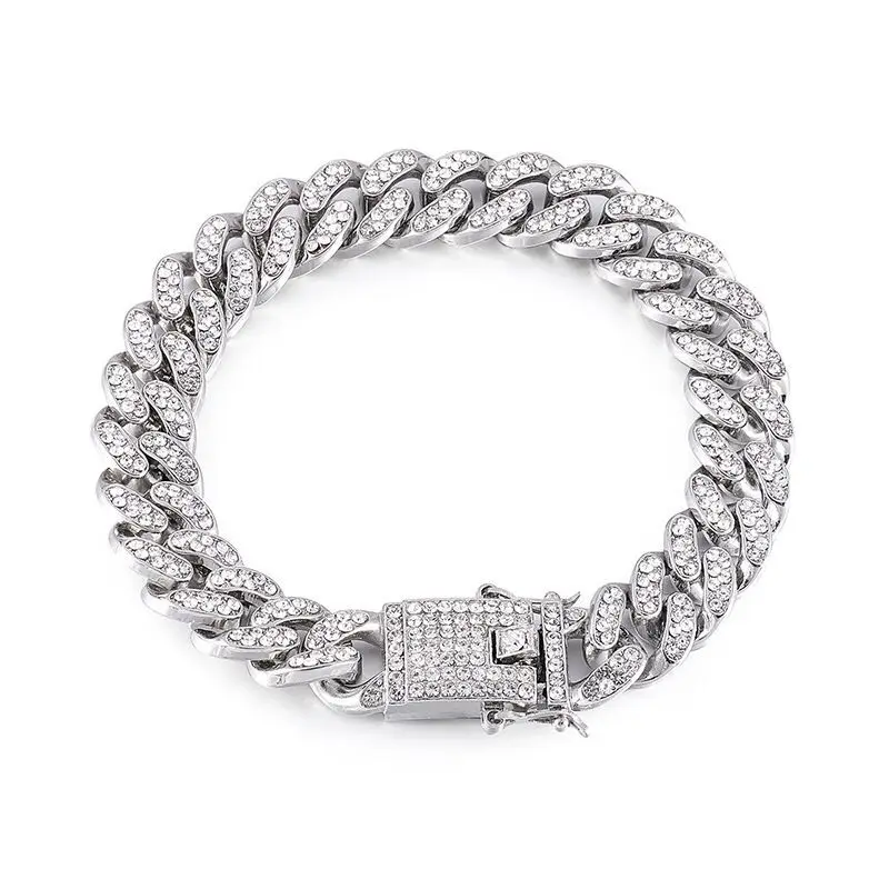 Wholesale Jewelry -- ( 20 cm * 12 mm ) Hip Hop Gold Color 12 mm Full Crystals Figaro Bracelets For Men Fashion Jewelry Hip Hop