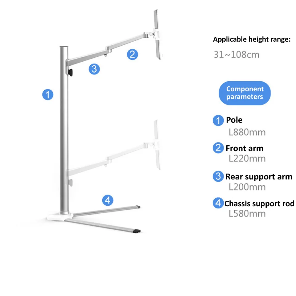 Stojak podłogowy na Tablet z regulacją wysokości aluminiowy uchwyt na telefon komórkowy długie ramię na iphone\'a iPad 4 - 13 calowy Tablet Sofa do