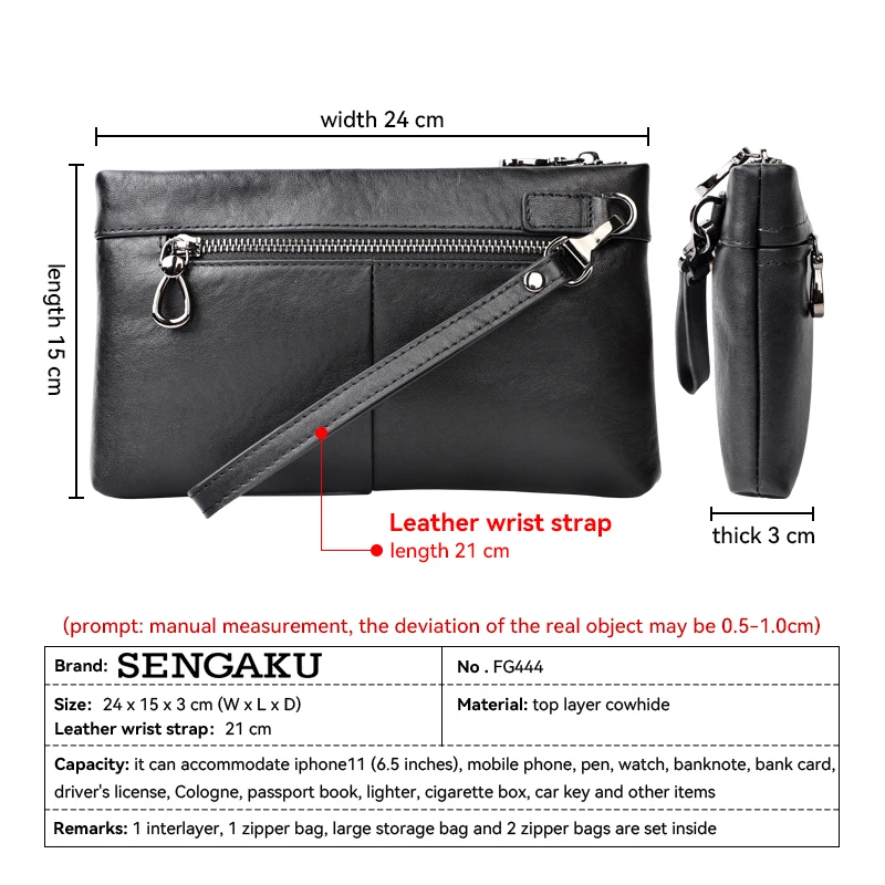 Handmade Men's Fashion Business Men's Clutch Bag Handbag Genuine Leather Clutch Black Large Capacity Envelope Bags