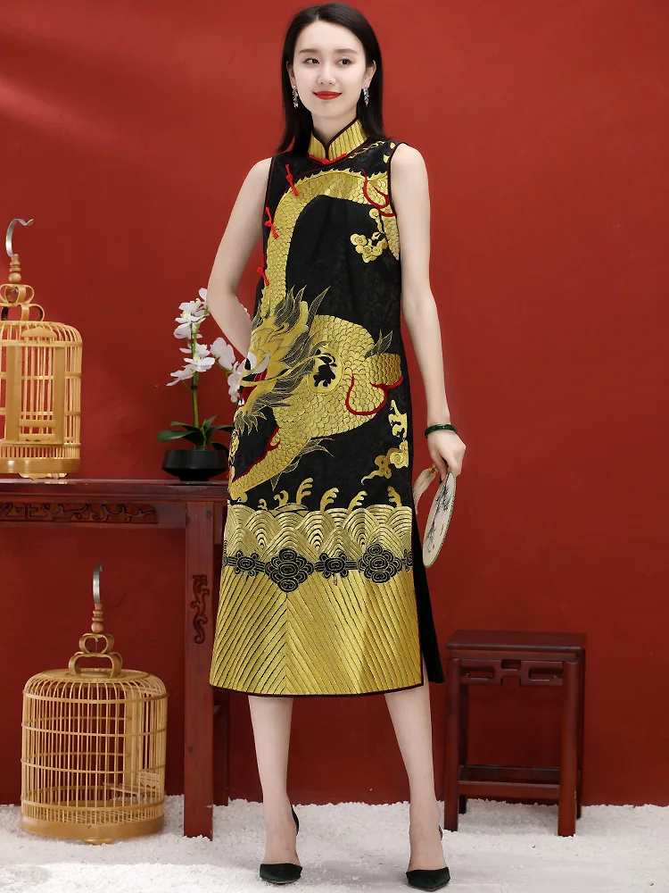 High-End Custom Made Cheongsam Elegant Retro Hand-Embroidered Dragon Spring And Autumn Middle Length Chinese Style Dress M-3XL