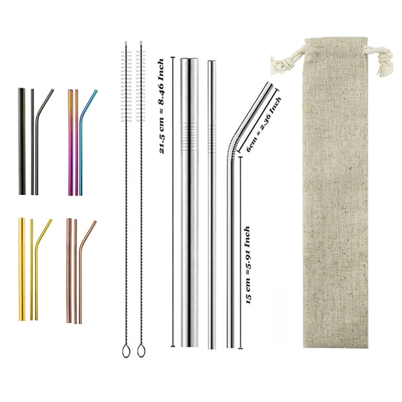 

6pcs Reusable Straw 304 Stainless Steel Boba Drinking Straight Straws with Brush Bag Wholesale environmentally friendly products