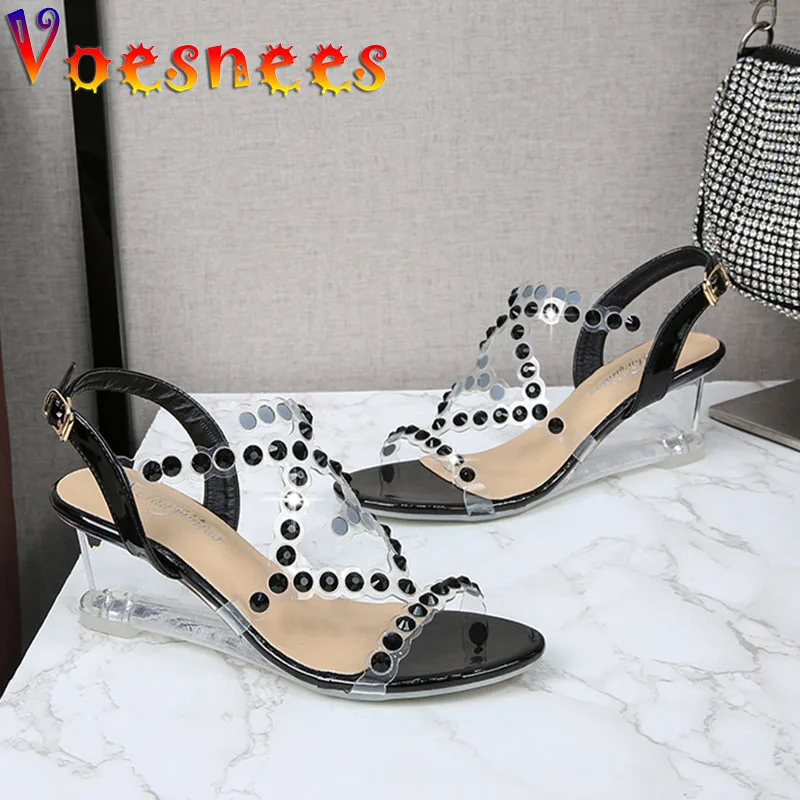 Voesnees Women Shoes 2021 New PVC Transparent Crystal Wedges Jelly Sandal Summer 6/8CM High Quality Women Career High-Heel Shoes