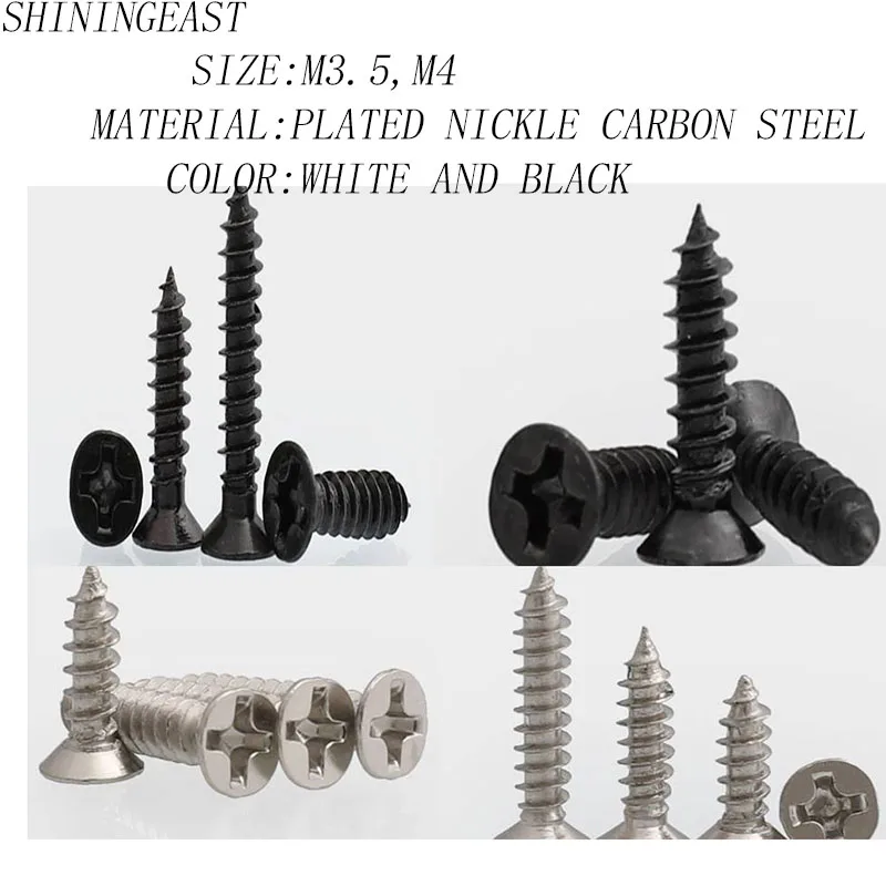 

500pcs/lot M3.5M4 phillips crossed flat head self-tapping plated nickle black white small mini screw1114