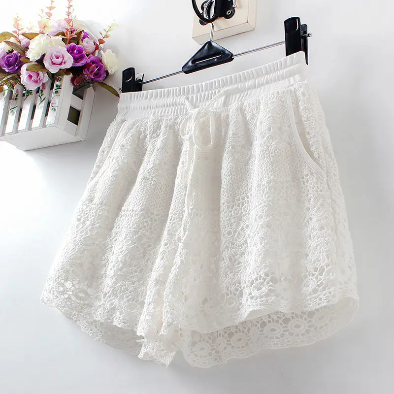 Lace crochet shorts female summer students 2023 new loose casual high-waist elastic women's outer wear all-match