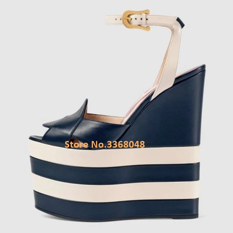 

Striped Platform Wedges Sandals Ankle Buckle Peep Toe Leather Ladies Shoes Supper High Women Sandals Runway Summer Shoes Popular