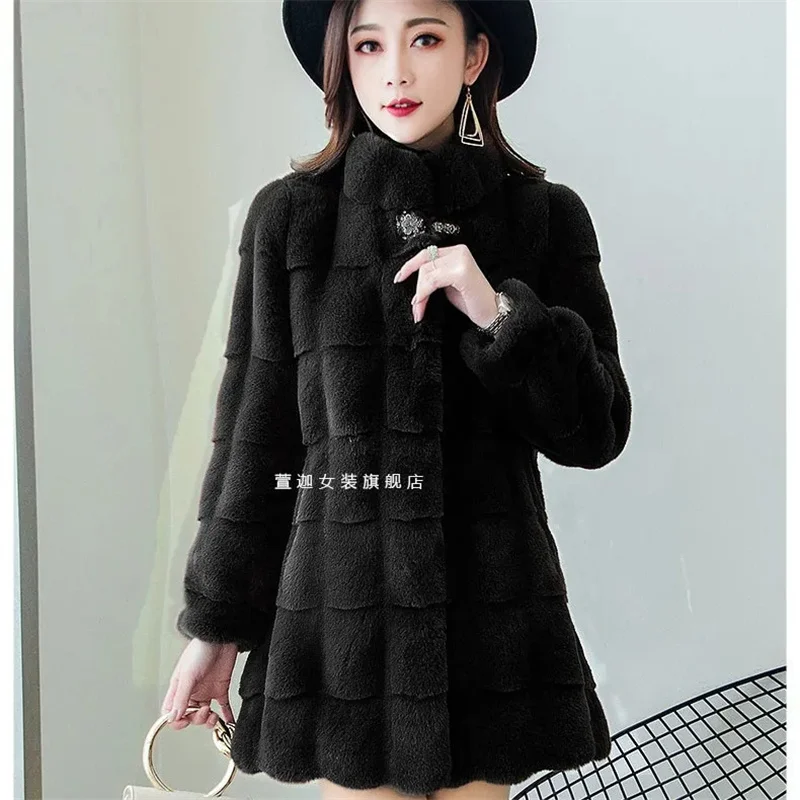 2022 Autumn/Winter Female New High-end Waist Slim Eleghant Thicken Mid-length Faux Fur Jacket Danish Mink Velvet Coat Women A7