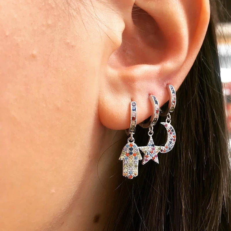 Gold Silver Filled Drop Earring Color CZ Zircon Lucky Hamsa Hand Tar Moon Hoop Earrings for Women Jewelry Accessories Wholesale