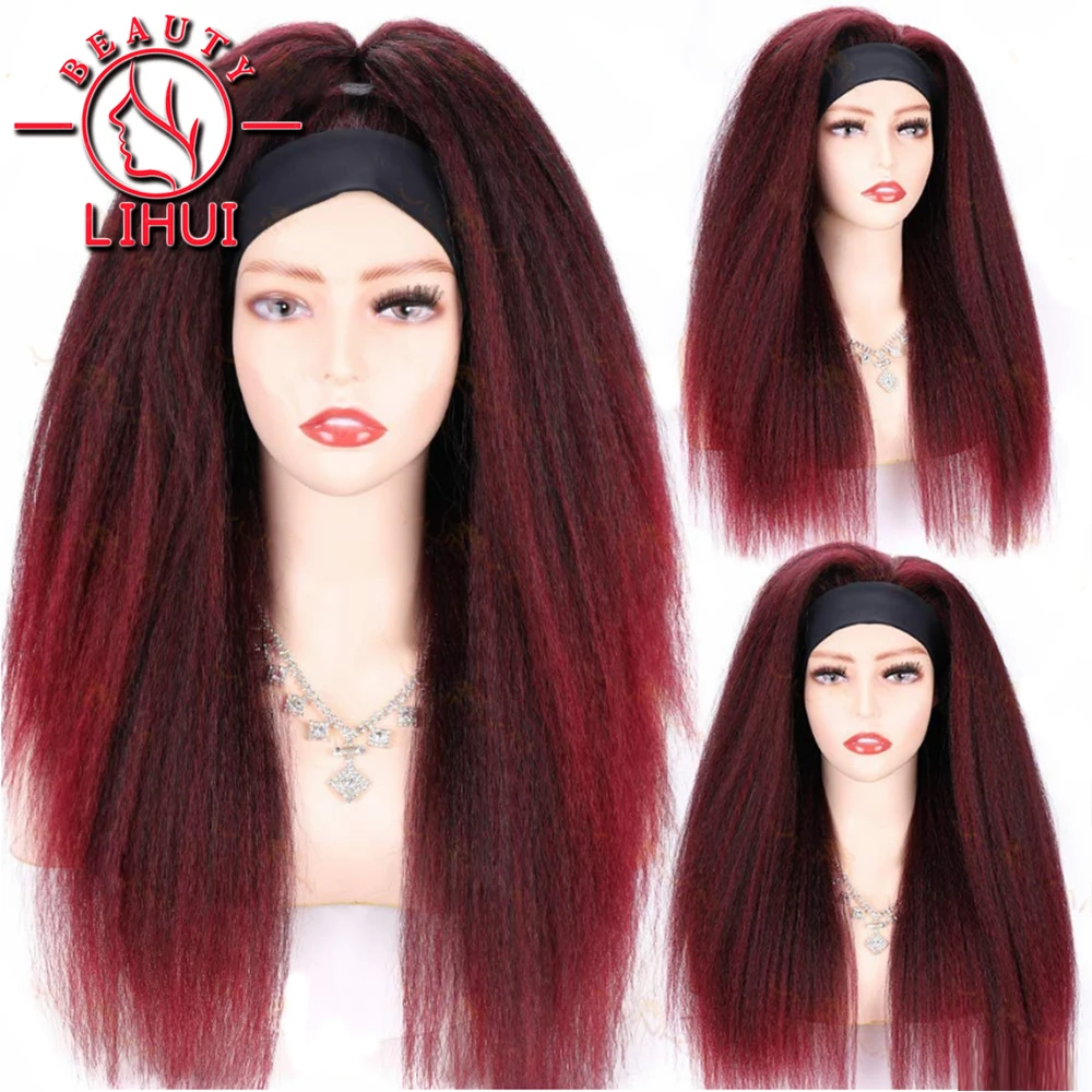 LIHUI Wine Red Headband Wig For Women Synthetic Wig Yaki Kinky Straight Head Band Wigs Long  Ombre Afro Bug Hair Hot Water Set