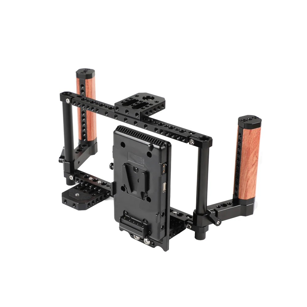 Kayulin Monitor Cage Rig Adjustable Camera 7 inch  With Dual Wooden Handle & Power Supply Splitter for Monitor High Quality