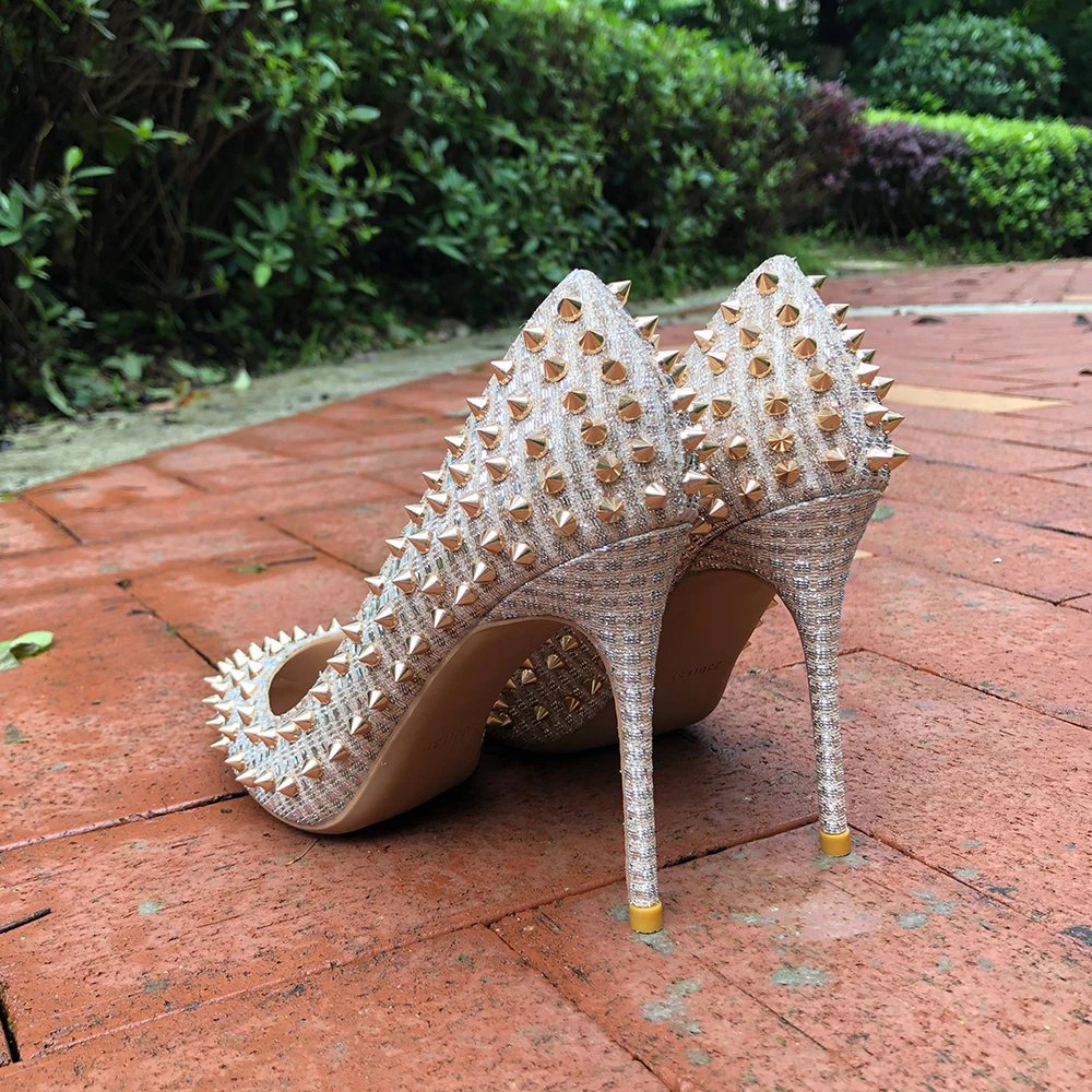 Tikicup Women Golden Glitter Spikes Pointy Toe High Heels Fashion Ladies Wedding Shoes Slip On Pumps 8cm 10cm 12cm Customize