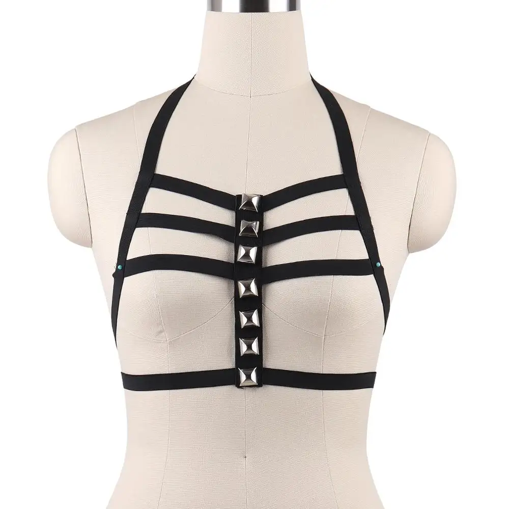 

Black Bondage Body Harness Collar Bra for Women Square decoration Tops Caged Bra Sexy Lingerie Plus Size Festival Punk Goth Rave