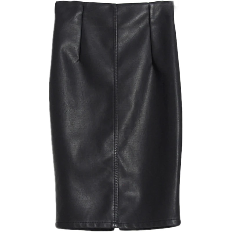 

Autumn winter faux leather skirt women high waist package hip split knee length pu skirt
