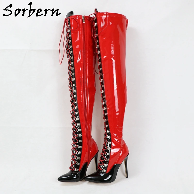 

Sorbern Mid Thigh High Boots Over The Knee Black And Red Classical Lace Up Long Boot Pointed Toes High Heel Stilettos Custom Leg