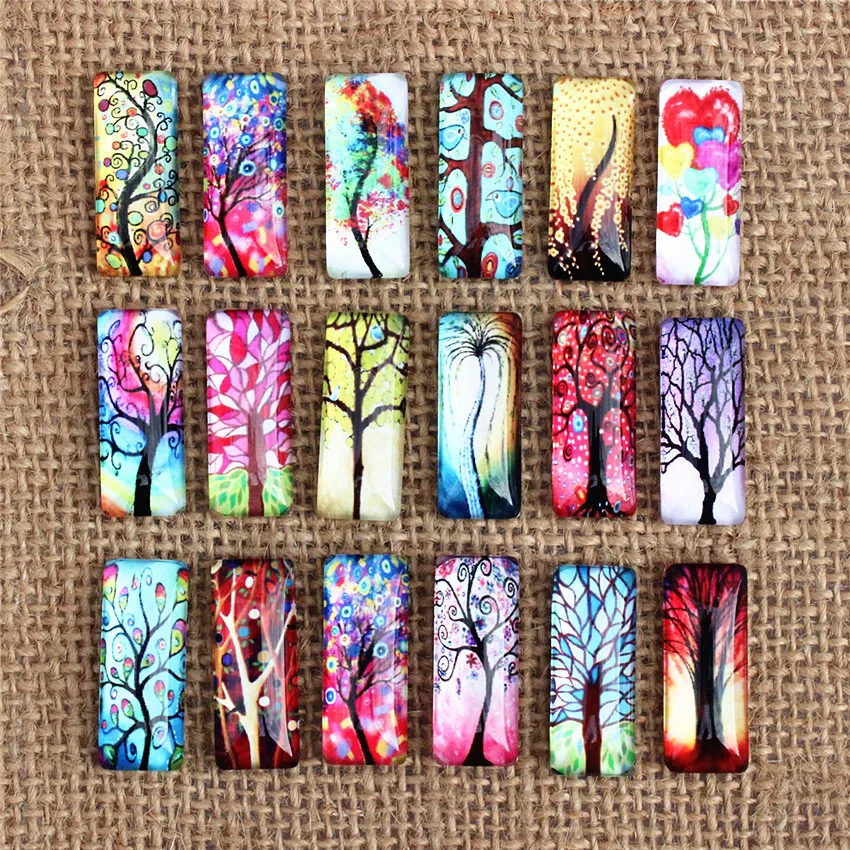 10x25mm Random Mixed Life Tree Rectangle Glass Cabochon Dome Flatback Photo Tray Blank Base DIY Making Accessories 10pcs