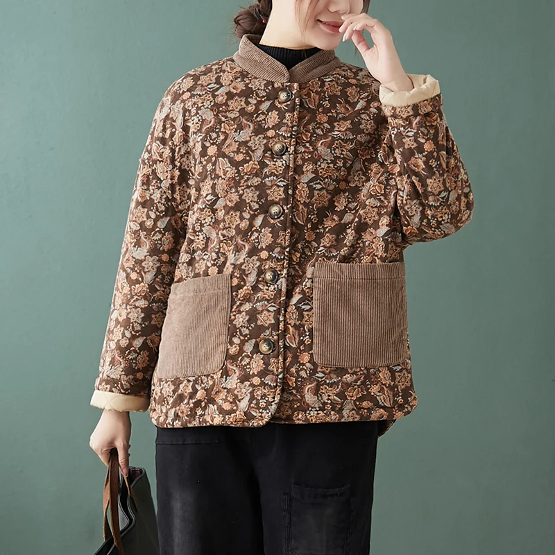 

Aransue Cotton Linen Cotton Padded Coat Flora Thickened Autumn Winter Wadded Jacket Women New 2021 Warm Outwear Vintage Clothing