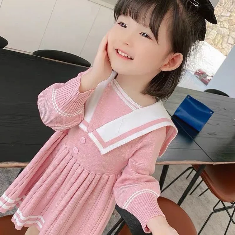 Children Fall Clothes Autumn Baby Girls College Style Lapel Long-sleeved Dress Kid Knitted Sweater Dress Sailor Collar 2-8