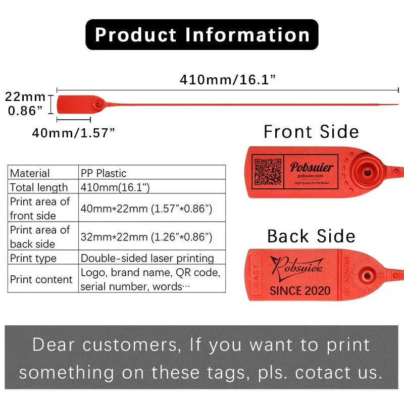 100 Custom Product Security Seals Plastic Disposable Anti Theft Garment Logo Hang Tag Labels for Clothing Logistics 410mm/16.1