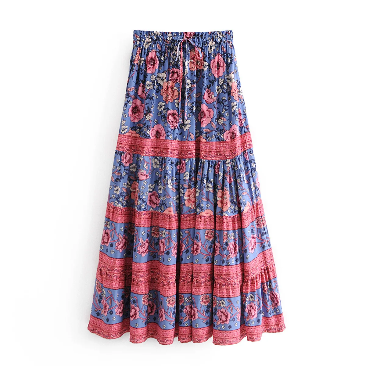 Bohemia Contrast Color Floral Print Long Skirt Stitching Ruched Ruffle Hem Holiday Women Elastic Waist Swing Skirts Beach