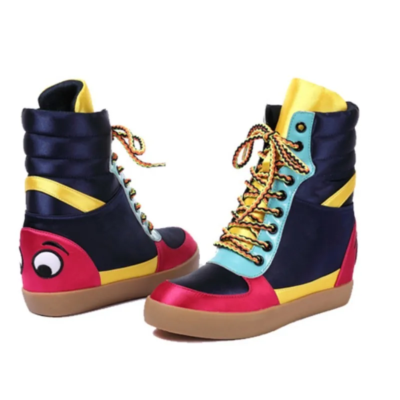 

Brand Hip Hop Casual Shoes Women Autumn Winter High Top Boots Fashion Mixed Colors Lace Up Increasing 4CM Ankle Shoes