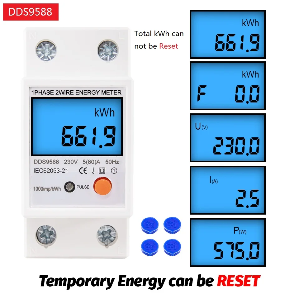 80A 220V Digital Din Rail Single Phase Energy Meter kWh Power Consumption Counter Wattmeter Electronic Reset Zero AC Backlight