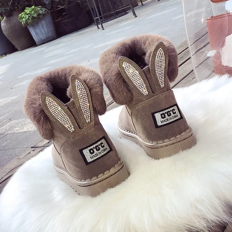 Fashion Faux Fur Winter Snow Boots Women\'s Flat Heel Ankle Boots Rhinestone Rabbit Ear Cotton Shoes Warm Women Boots WSH4263