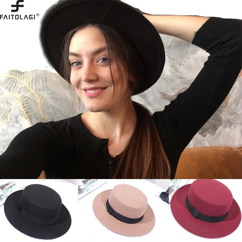 Elegant Women's Hat With Bibbon Band Autumn Flat Top Wide Brim Felt Lady Fedoras Classic Church Wedding Travel British Jazz Cap