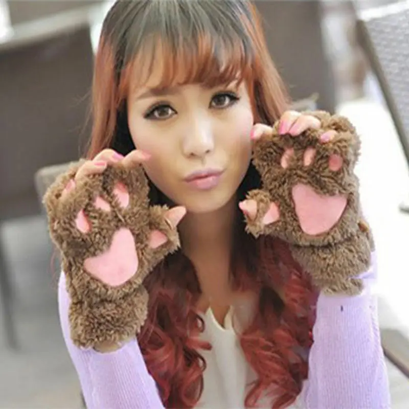 ฤดูหนาวผู้หญิงแมวน่ารัก Paw Plush Mittens Warm Soft สั้น Fingerless ถุงมือครึ่งนิ้ว