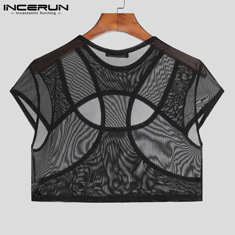 INCERUN 2023 Men T Shirt O-neck Hollow Out Short Sleeve Mesh See Through Sexy Crop Tops Men Streetwear Skinny Camisetas S-5XL