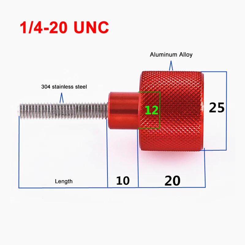 1Pcs 1/4-20*Length 6-60mm UNC Knurled Thumb Screws Black & Red Aluminum Alloy Fixed position adjustment Hand Screw