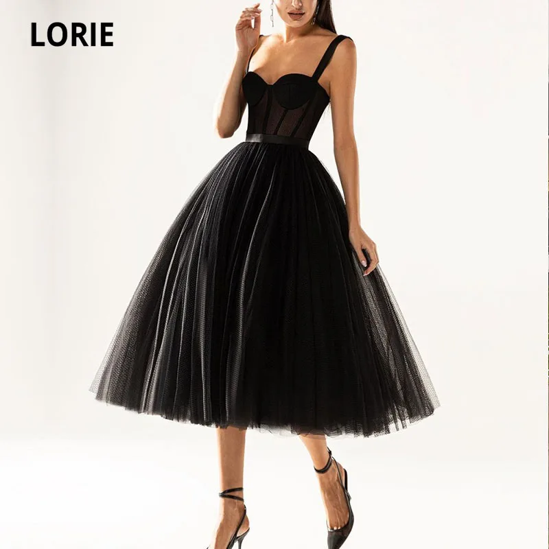 LORIE Black Prom Dresses Spaghetti Strap A-Line Tulle Tea Length New Fashion Short Evening Wedding Party Gown for Graduation