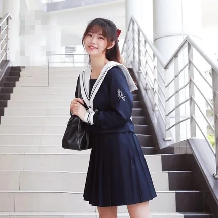 Japanese orthodox blue whale embroidery jk uniform college wind class uniform school uniform long skirt soft girl pleated skirt