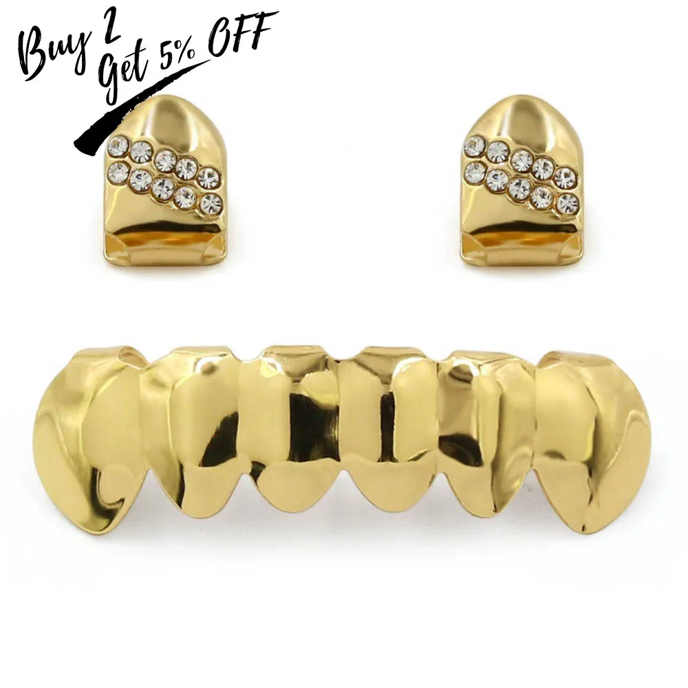 TOPGRILLZ Hip Hop Grillz Yellow Gold Color Plated  2 Single Top Teeth Grillz Caps With CZ Stone Tooth Grills & Classic Bottom