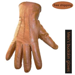 Guantes de piel de cabra con patrón de piel de ciervo para hombre, otoño e invierno, además de terciopelo para mantener el calor, guantes de ciclismo al aire libre con costura exterior a la moda