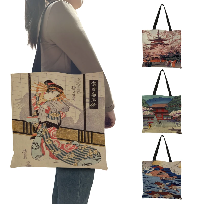 2021 Women Ladies Tote Bag Handbag Classic Japanese Mount Fuji Scenery Wave Kabuki Print Large Shopping Bags for Supermarket