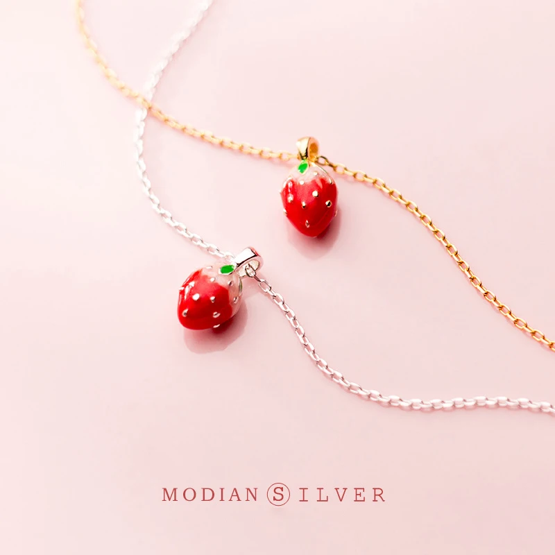 Modian Cute Strawberry Pendant Necklace for Women Fashion Genuine 925 Sterling Silver Gold Color Necklace Fine Jewelry Bijoux