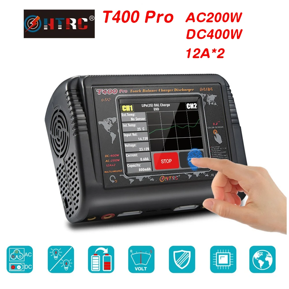 

Original HTRC T400 Pro RC Lipo Charger Dual DC 400W AC 200W 12A*2 Discharger For LiPo LiHV LiFe Lilon NiCd NiMh Pb battery