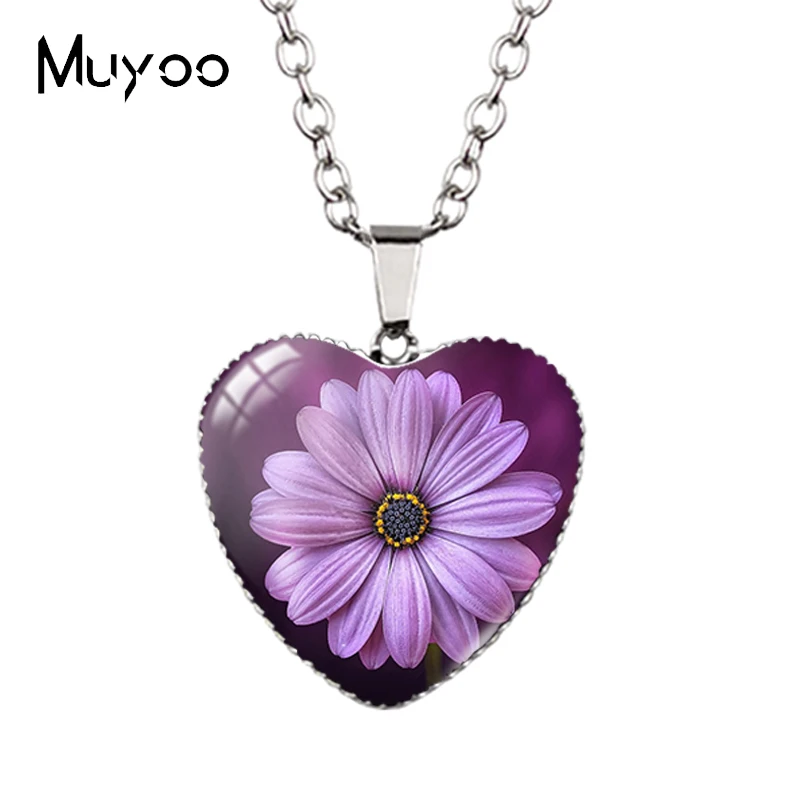 2020 New Arrival Purple Daisy Flower Painting Heart Pendant Necklace Beauty Flowers Jewelry Heart Necklaces HZ3