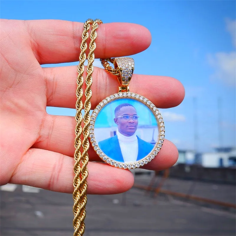 Stainless Steel Custom Photo Pendant Charm Necklaces Personalized Men Hip Hop Diamond Round Pendant Rope Chain Necklace Jewelry