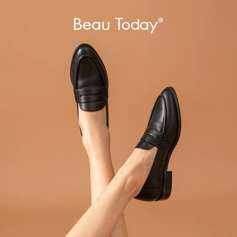 

BeauToday Penny Loafers Women Moccasin Flats Soft Calfskin Leather Slip On Pointed Toe Spring Autumn Lady Shoes Handmade 27122