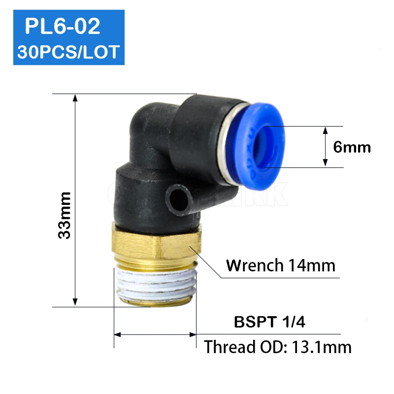 HIGH QUALITY 30 Pcs of PL6-02,  6mm Push In One Touch Connector 1/4