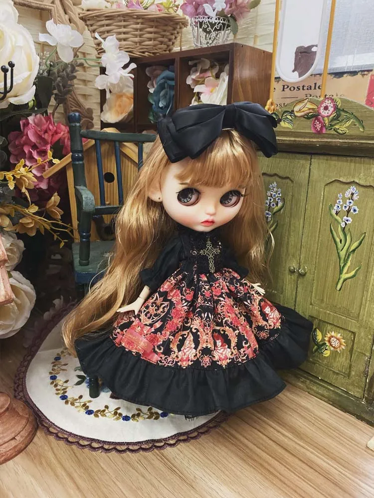 Blyth Doll clothes dress + hair clips Blyth small dress Lace doll accessories doll clothes OB24 black classic Court Retro Style