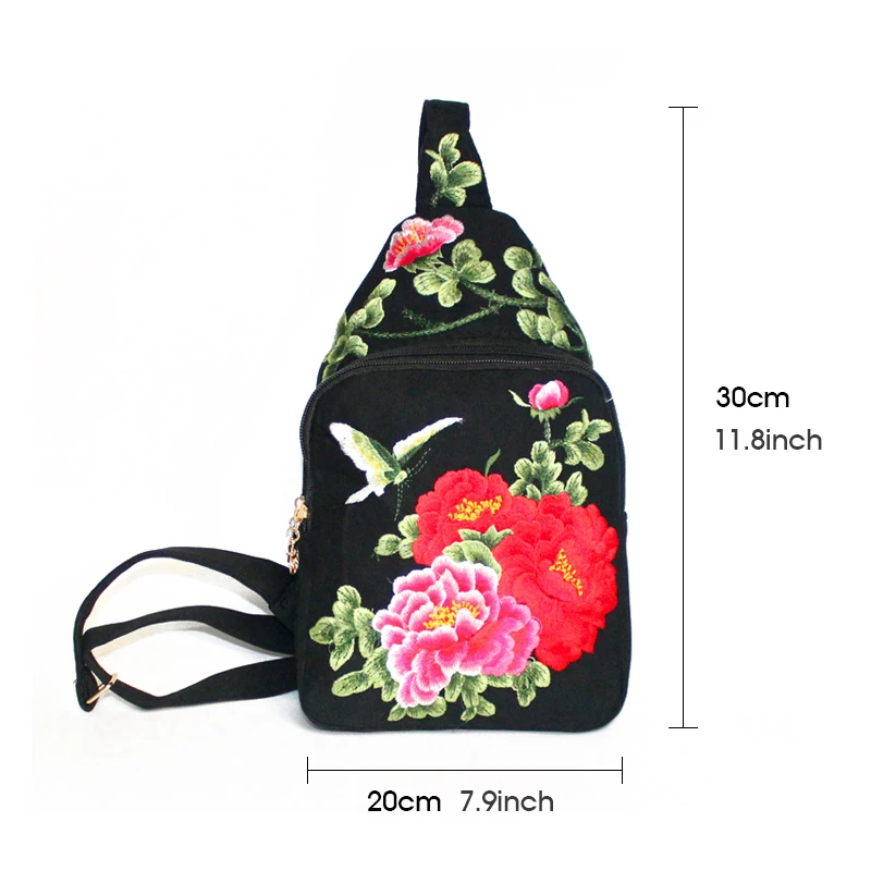 Women Chest Bag Chinese Ethnic Style Hand Embroidery Pretty Flowers Casual Canvas Travel Shoulder Crossbody Bag High Quality