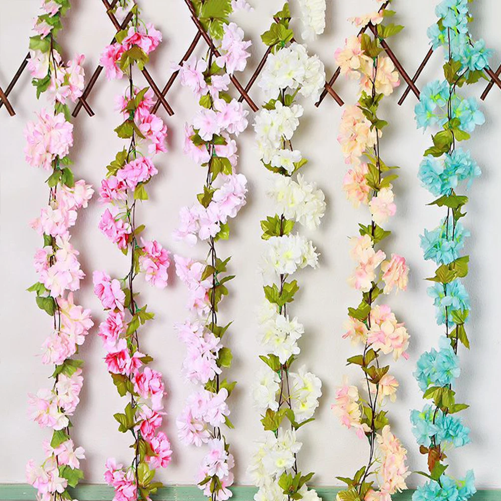 18 Heads Artificial Cherry Blossom Rose Vine Wall Hanging Flower Decoration Rattan Fake Plant Leaf Wreath Roman Home Decor