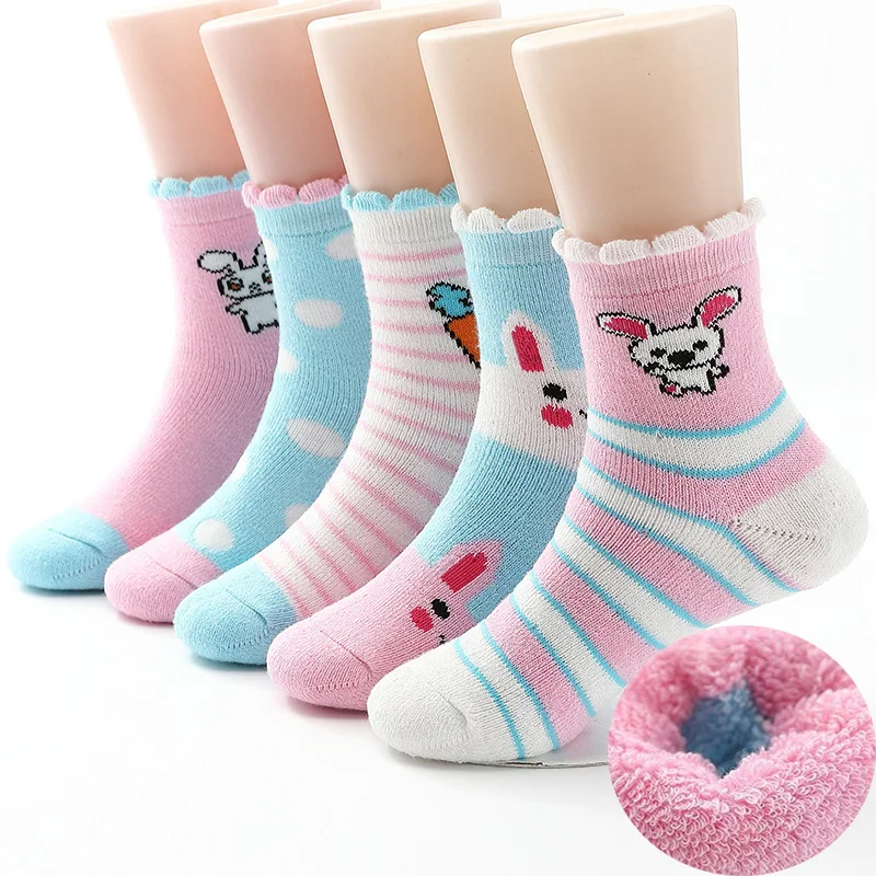 

2019 New Winter Girls Socks Plus Velvet Thick Cotton Lacework Children Socks 0-12 Year Kids Socks For Girls 5 pairs/lot